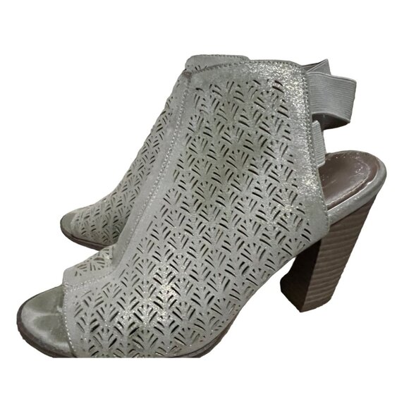 Kenneth Cole Beige Gold Shimmer Open Toe Ankle Booties Sz 8 Chunky Heel Womens - Picture 7 of 12